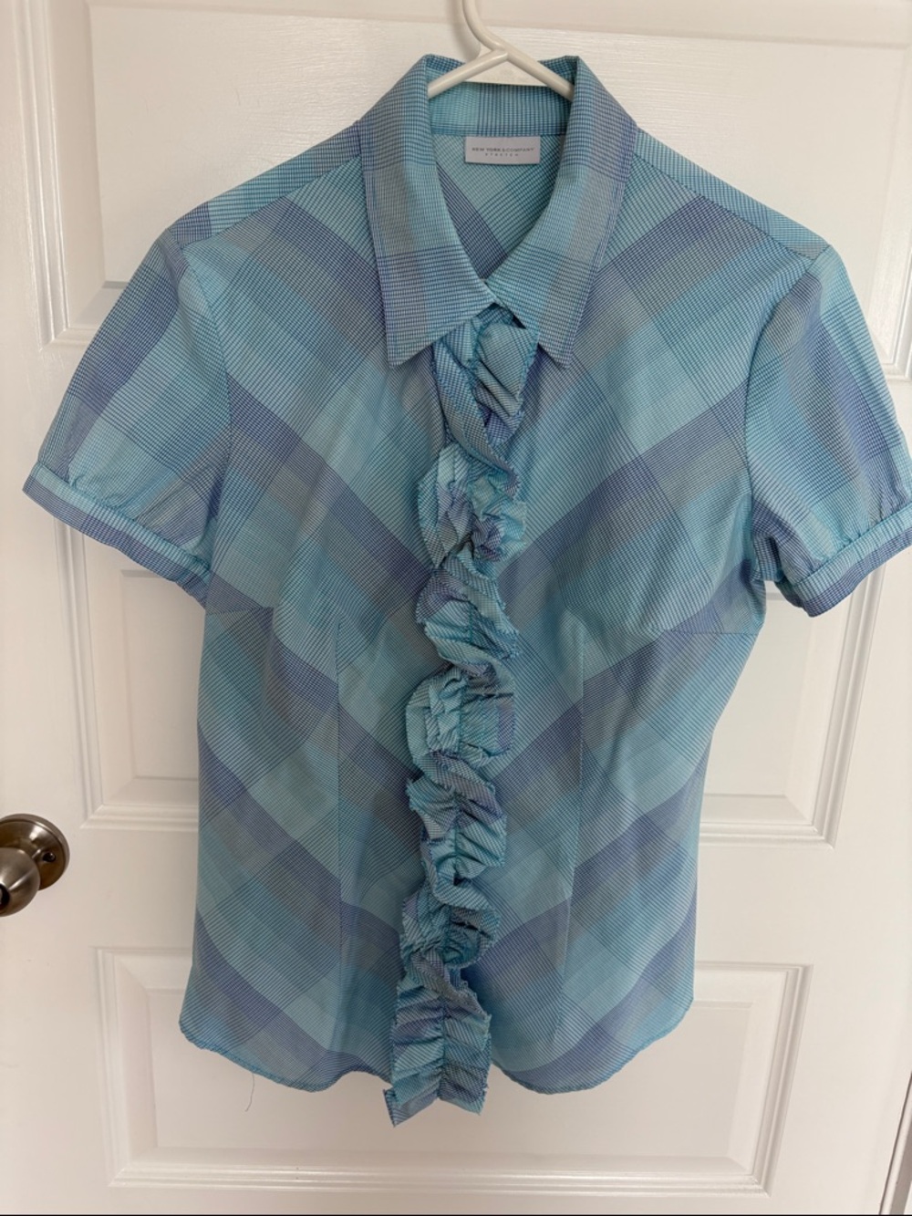 New York & Company Light Blue Plaid Ruffle Front Button-Down Shirt